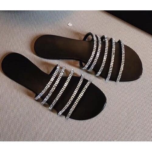 Carpaton Summer Sexy Crystal Slippers Woman Open Toe Flat Casual Slides Rhinestones Wedding Shoes Black Silver