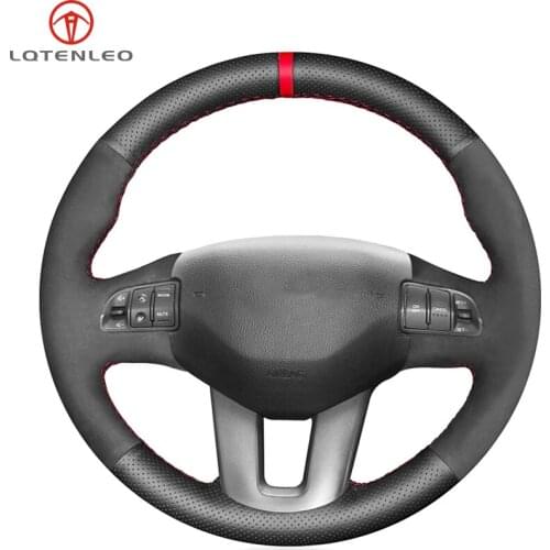 LQTENLEO Black Genuine Leather Suede Hand-stitched Car Steering Wheel Cover For Kia Sportage 3 2010-2017 Ceed Cee'd 2009-2012
