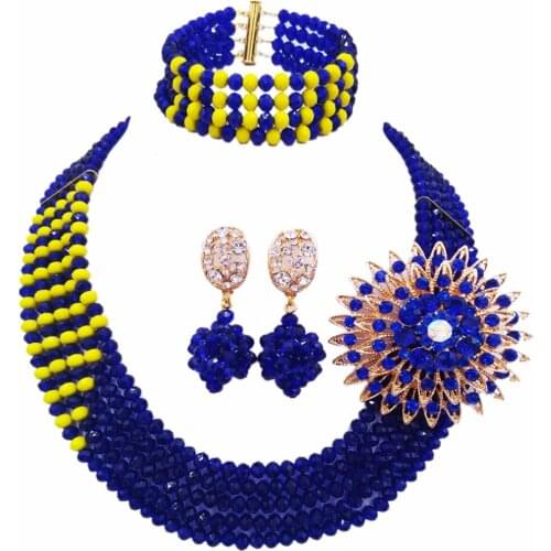 Fashion Royal Blue Yellow Multi Strands Statement Necklace African Wedding Beads Nigerian Jewelry Set Crystal 5JZ15