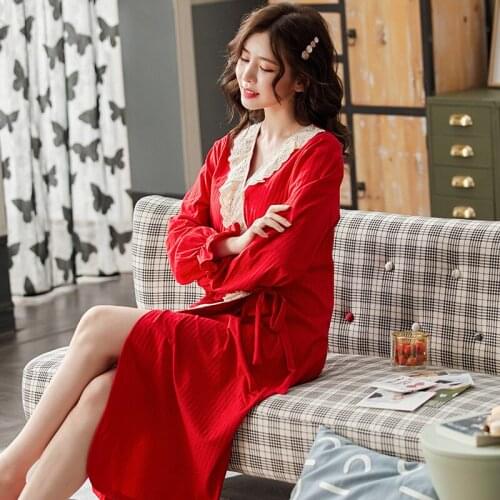New Cotton Autumn V-Neck Loungewear Sexy Red Long Robes Women Chic and Classy Dress for Women Nightgown Lace Up Clothes for Home