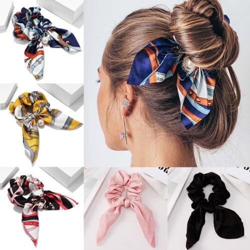 New Women Chiffon Bow Elasticity Headband Cute Pearl Ponytail Holder Hair Ring Girls Rubber Bands Fashion Hair Accessories