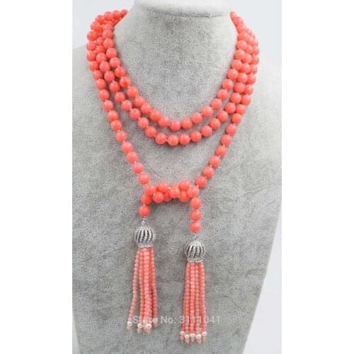 One set pink coral round necklace +tassels earrings 40inch wholesale beads nature FPPJ woman 2017