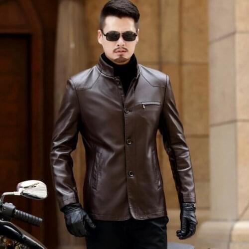 Autumn thin stand collar casual motorcycle mens leather jackets slim coats mens jaqueta de couro masculino motoqueiro brown 3XL