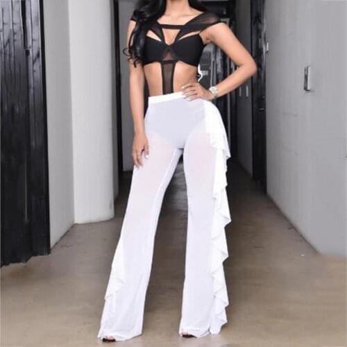 Sexy Wide Leg Bikini Trouser Women Mesh See-through Transparent Side Ruffles Loose Beach Long Pants Club Trousers Flared Pants