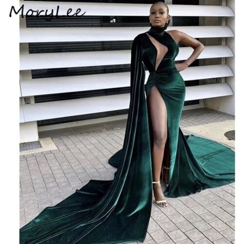 Luxury Evening Dresses Green Floor Length Mermaid Side Slit Zipper Back Velour Evening Dresses vestidos de fiesta de noche