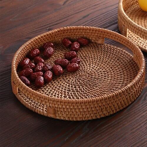 Rattan Handwoven Round High Wall Severing Tray For Breakfast Storage Food Meal Snack Storage Tray For Home Hotel Tray