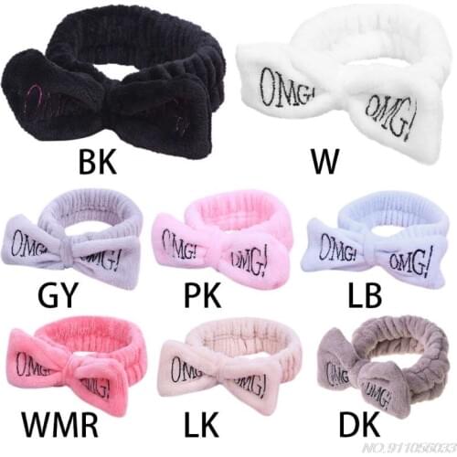 Women Girls SPA Wide Headband Cute Bowknot OMG Letters Embroidered Hairband Elastic Makeup Flannel Turban D18 20 Dropshipping