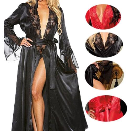 Sexy lingerie lace large size bathrobe perspective robe erotic clothes Babydoll Sexy underwear lace dress long skirt underwear