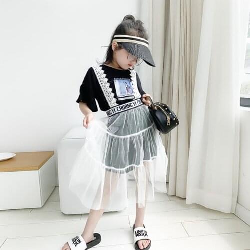 Girls mesh sets 2019 summer new fashion brand 100% cotton black tops + mesh skirts 2 pcs suits children clothes teens sets ws696