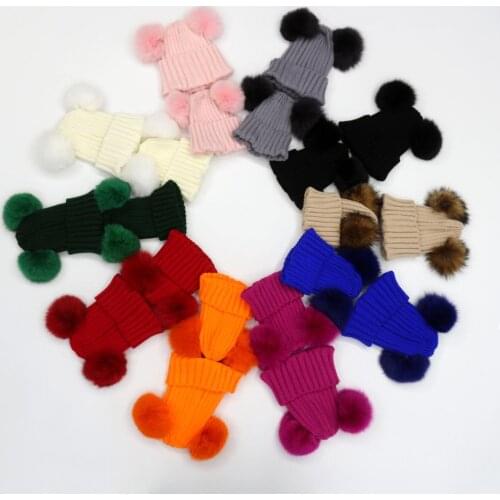 Parent-Child Winter Beanie Hats Janefur Wholesale Fashion Warm Cap Real Fur Pompom Kids Acrylic Knitted Gorros