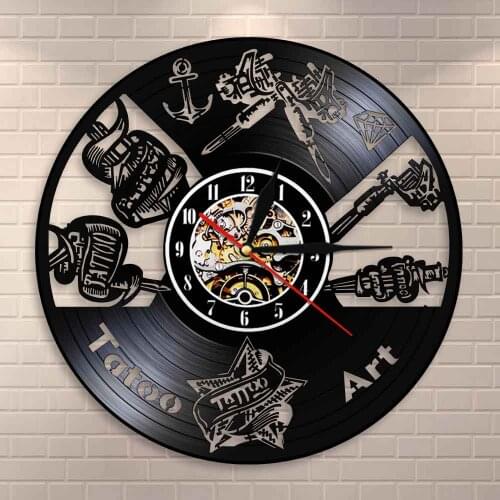 Tattoo Salon Vinyl Record Mute Wall Clock Tattoo Studio Wall SignWatch Shop Tattoo Machine Wall Art Decor Hipster Men Gift