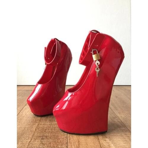 Women Pumps Big Size Wedge High Heel Platform Sexy Fetish Heelless Hoof Lockable Padlock Strap Buckle Red Shoes For Ladies
