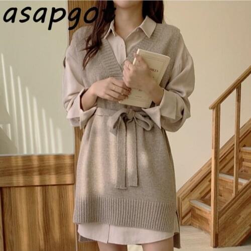 Autumn Vintage Solid V Neck Sleeveless Knitted Vest Sweater Slim Lace Up Waist Turn Down Collar Shirts Dress Fashion Casual