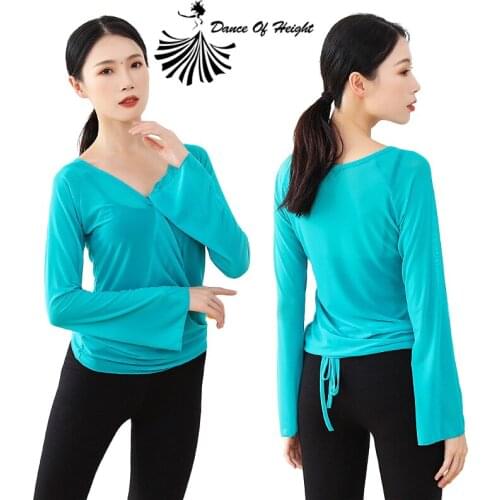 Gauze Modern Dance Shirt See Through Classical Dance Clothes Women Ballet Practice Wear V Neck Long Sleeve Loose Cuff Top Blouse