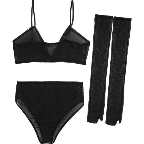 Womens Femme Lingerie Sets See Through Lace Stretchy Transparent Sexy Exotic Sets Handcuffs Bra With Transparent Briefs Thong
