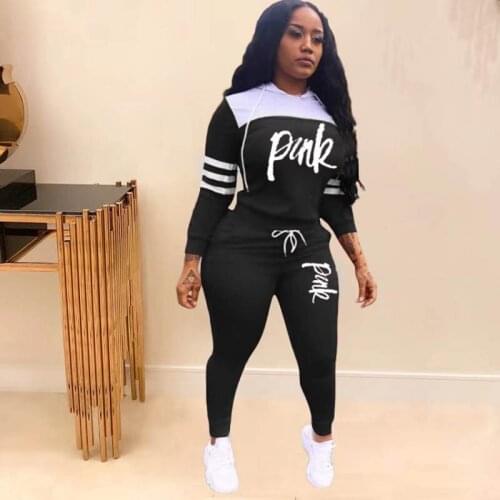 PINK Letter Black Stripe Womens Tracksuit Hoodie And Pants Two Piece Set Oversized Fashion Sportswear 2021 New Leggings Outfits