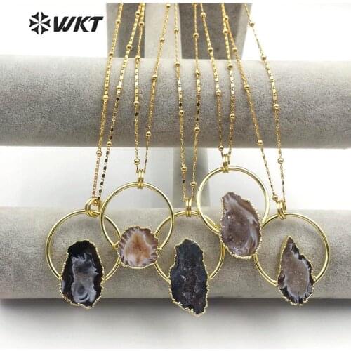 WT-N1165 WKT Natural Druzy Geode Stone Gold Electroplated Irregular Shape Pendant Necklace Women Fashion Necklace Jewelry