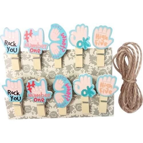 10pcs/pack Creative Gestures "ok" English Small Craft Photo Pegs Paper Wooden Entrainment Hemp Rope Stationery School Supplies