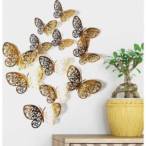 3d Wall Stickers Hollow Rose Gold/golden/silver Butterfly 12pcs Wall Stickers Wall Decals Wedding Decoration Diy Art Home Decor