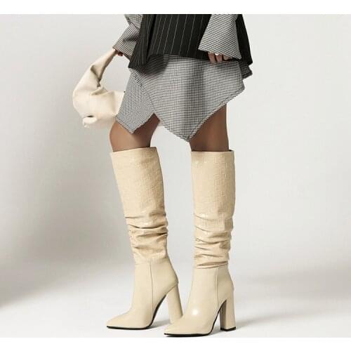 2021 Brand New Women Thick High Heels Knee High Boots Pointed Toe Autumn Winter Patent Leather Boot Pleated Fashion Party Shoes