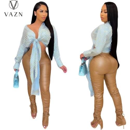 VAZN 2021 High Waist Sexy Club Short Fashion Early Autumn Chiffon Bandage Top V-Neck Full Sleeve Women Skinny Shirts