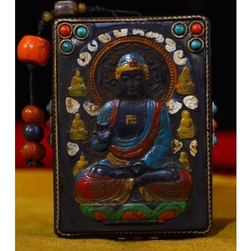 3"Tibet Temple Collection Old Natural horns Filigree mosaic Gem Dzi Bead Shakyamuni Buddha Statue Amulet Pendant Town House