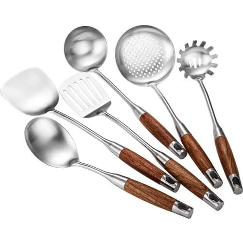 6pcs/set 304 Stainless Steel Rosewood Handle Cookware Set Kitchen Gadget Anti-scald Spatula Cooking Spoon Colander Cookware Set