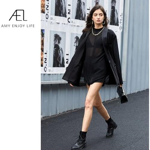 AEL patchwork chiffon blazer women dress summer fashion Fake two pieces black O neck long blazer sexy Translucent