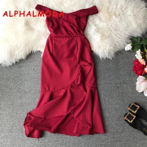 ALPHALMODA 2019 Summer Womens Slash Neck Ruffled Vestidos Solid Color Split Ruffled Ladies Sexy Ruffled Dress