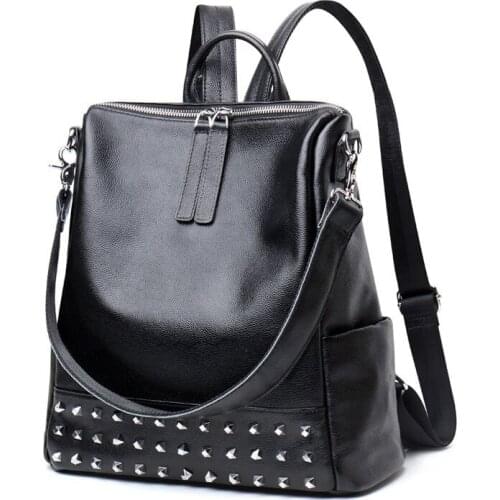 Amberler Women Genuine Cow Leather Backpack Fashion Rivet School Bags For Teenage Girls 2021 Large Capacity Travel Shoulder Bag