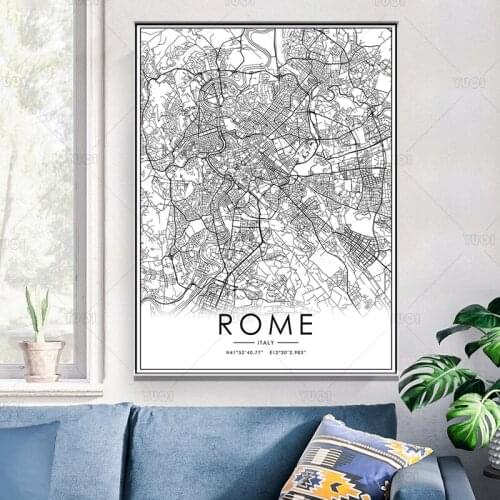 Black and White World City Map ROME Wall Art Canvas Poster Prints Nordic Style Paintings Picture for Living Room