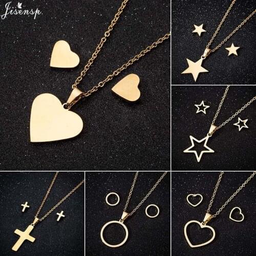 Jisensp Geometric Stainless Steel Jewelry Sets Peach Heart Pendant Necklace Earrings for Women Lovers Engagement Jewelry Gift