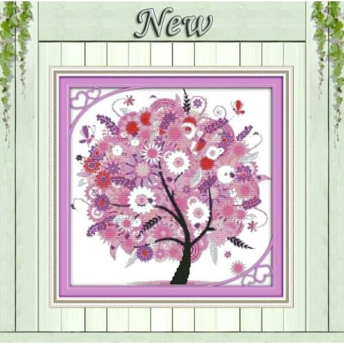 Purple tree NKF paintings Happy flowers Counted printed on fabric DMC 14CT 11CT DIY Embroidery Sets Cross Stitch Needlework kits