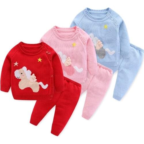 Lovely Animal Knitted Baby Set New Spring Autumn Boys Girls Clothing Sets Long Sleeve Outwear Coat+Pants Infant Baby Clothes