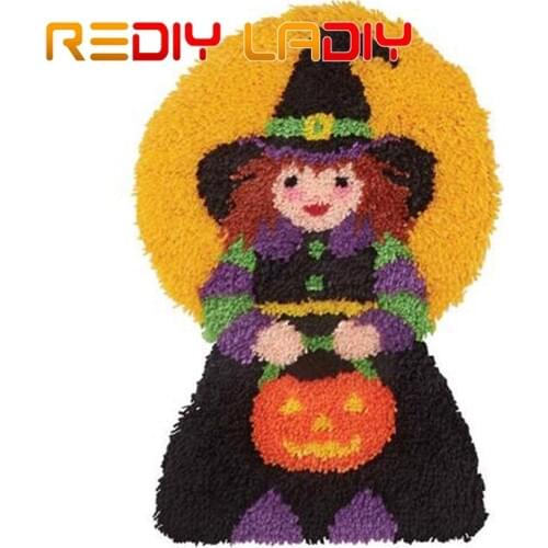 Latch Hook Rug Kits Crocheting Carpet Rug Halloween Girl Acrylic Yarn Pre-Printed Canvas Cushion Mat Crochet Tapestry Sofa Decor