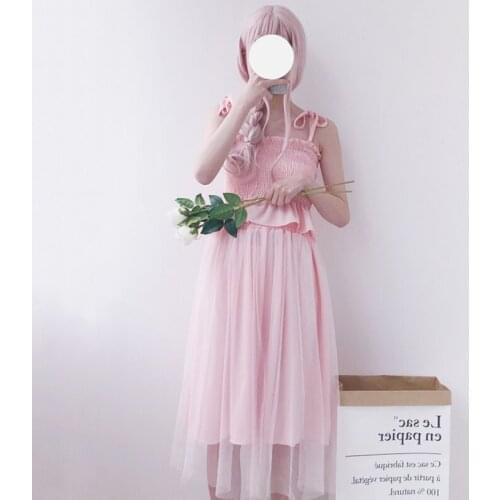 2 Pcs Suit Summer New Women Korean College Style Off-Strap Sling Dress + High-Waist Mesh Dress Fashion Set