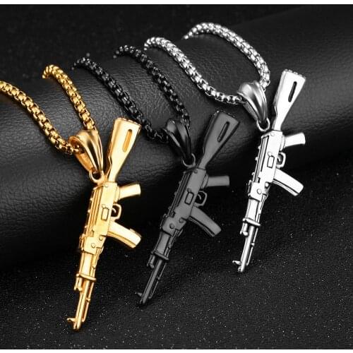Men Necklaces AK-47 Rifle Pattern Iced-Out Pendant Necklace Stainless Steel Hip Hop Bike Military For Men Fashion Jewelry