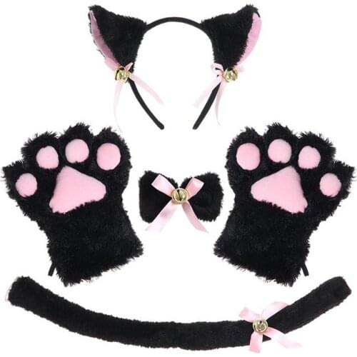 Sexy Women Girls Plush Cat Claw Gloves Set Party Dress up Props Cute Cat Ears Headband Gloves Cat Collar Tail Accessories