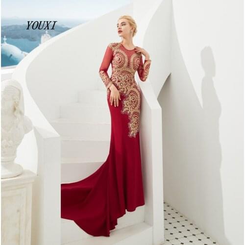 Gorgeous Evening Dresses 2019 YOUXI Gold Lace Appliques Crystal Mermaid O-Neck Long Sleeve Sweep Train Prom Gowns