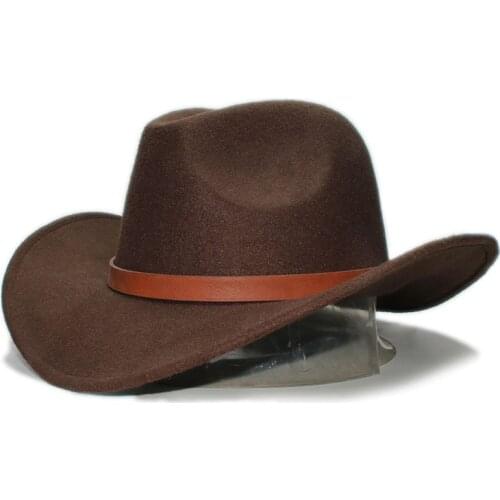 Retro Brown Leather Band Parent-child Unisex Adult / Kid Wool Wide Brim Cowboy Western Hat Cowgirl Bowler Cap (57cm/54cm