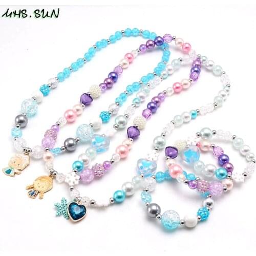 MHS.SUN Cute Beads Necklace Bracelets Set Fashion Princess Beaded Jewelry Set Elastic Charm Party Accessories Gifts Newest
