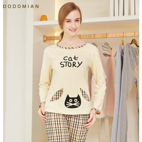 Spring Women Pajama Set Cotton Nightwear Femal Bottom Suit Casual Tops+Pants Lounge Cat Pajamas+plaid pants M-XL