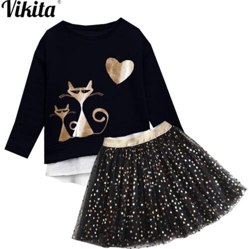 VIKITA Girls Clothes Autumn Spring Suit Children Casual Wear Tops T Shirt and Tutu Sequins Skirts 2pcs Children Clothing