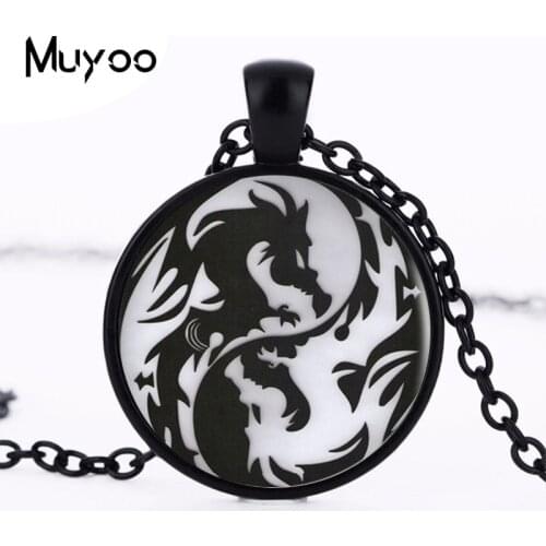 Vintage Yin Yang Dragon Pendant Necklace Cabochon Long Black Chain Statement Necklace For Fashion WomenMen HZ1
