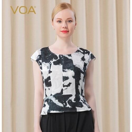 VOA Silk Jacquard Printing Round Collar Loose Simple Bag Sleeve Summer Single Wear Cool Breathable Straight Tube T Shirt BT26