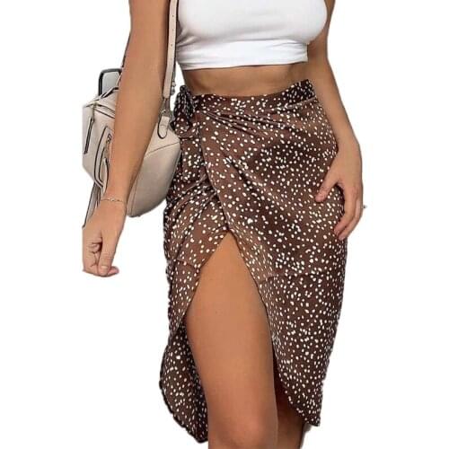 Vintage Dot Print Midi Skirts Women High Waist Lace Up Party Skirt 2021 Summer Sexy Split Wrap Hip Skirt Ladies Asymmetry Skirts