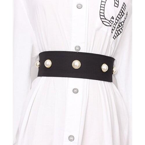 Womens runway fashion pearl beaded fabric Cummerbunds female Dress Corsets Waistband Belts decoration wide belt TB1418