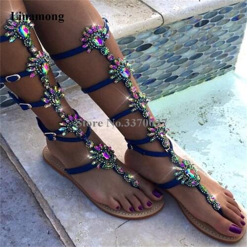 Women Charming Bling Bling Blue Straps Rhinestone Long Flat Gladiator Sandals Bohemia Style Crystal Sandals Boots Big Size