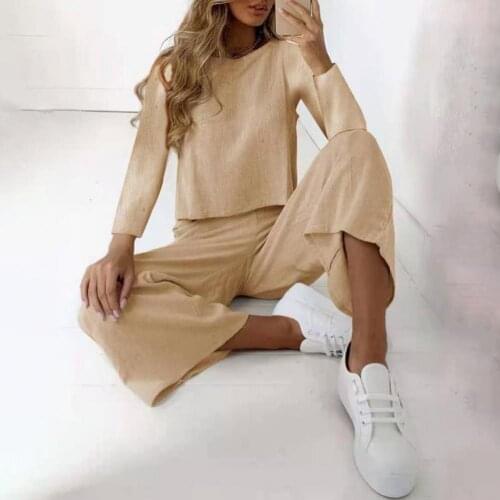 1 Set Top Women Matching Set 2021 Pants Set Solid Color Wide Leg Office Lady Round Neck Blouse Elastic Waist Trousers Streetwear