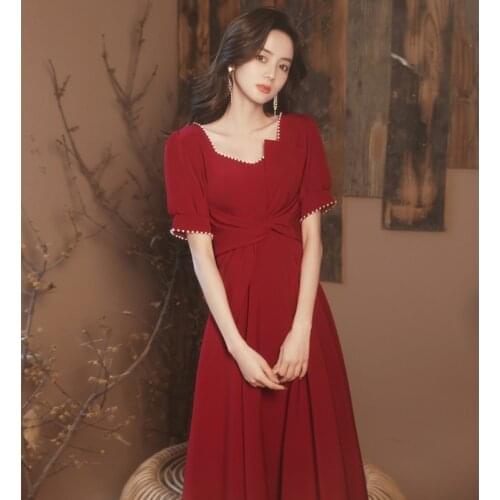 Summer Burgundy A-line Skirt Banquet Evening Party Toast Dress Bride New Red Wedding Temperament Dress